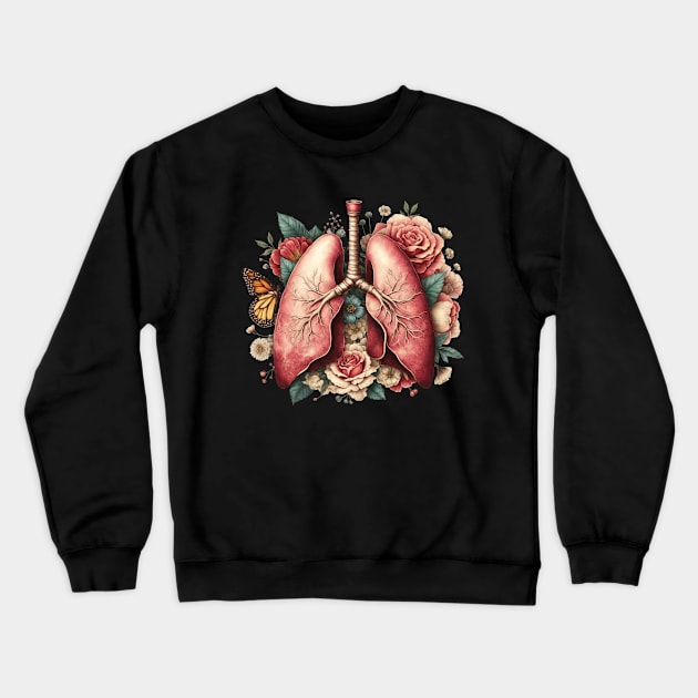 lungs cancer awareness, bloom roses floral, anatomy, watercolor, vintage style Crewneck Sweatshirt by Collagedream